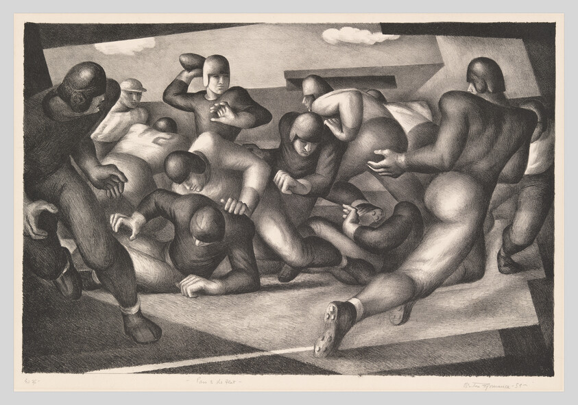 A group of football players tussle on the field as several wrestle one player to the ground.