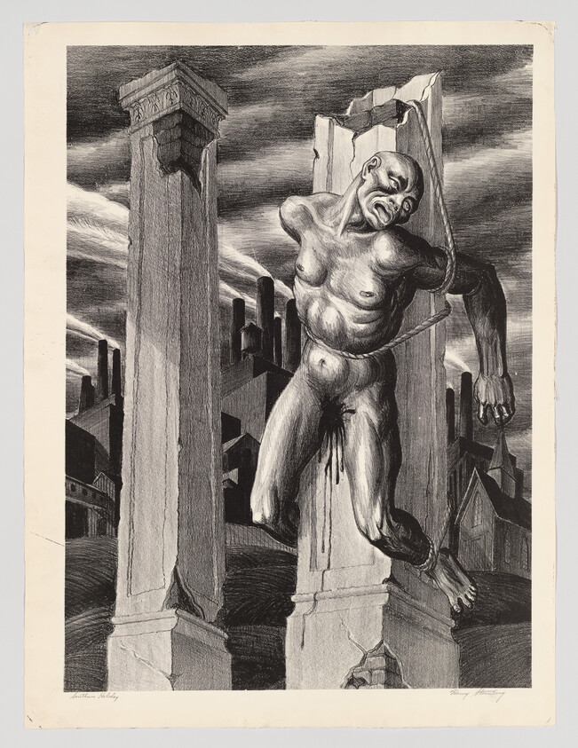 A chained, suffering nude man tied to ruined pillars in a bleak industrial landscape.