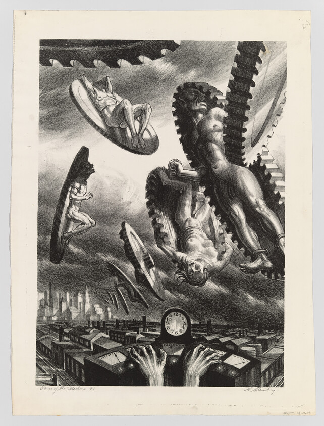 Surreal artwork with distorted figures and mechanical elements floating above an industrial cityscape with a large clock.