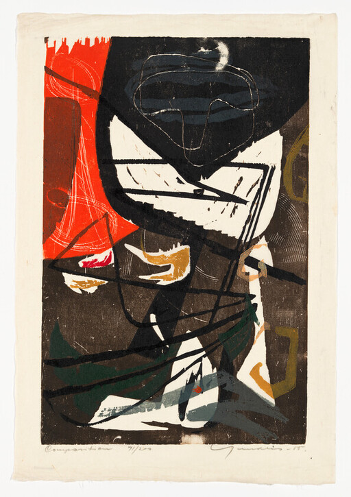 Abstract composition with bold black strokes crossing layered red, white, green, and brown shapes.