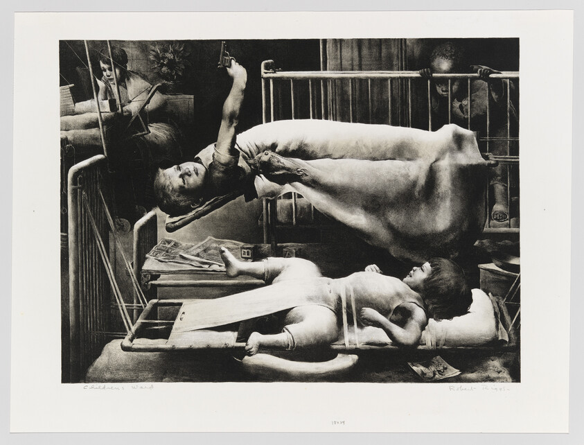 Two young children in adjacent cribs, one reaching up and holding a toy pistol.