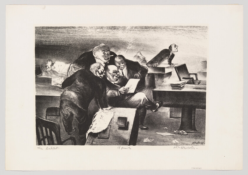 A group of men huddle around a document in a dim office while others work at desks.