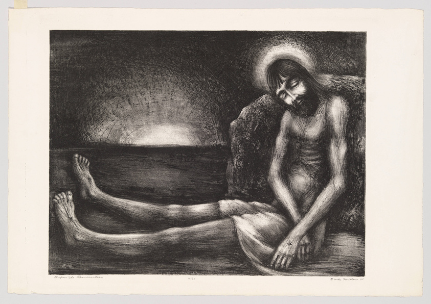 A black and white etching depicting a somber scene with a bearded figure resembling Jesus Christ, seated with a halo around his head, his body draped and elongated, set against a dark, textured background that suggests a desolate landscape.