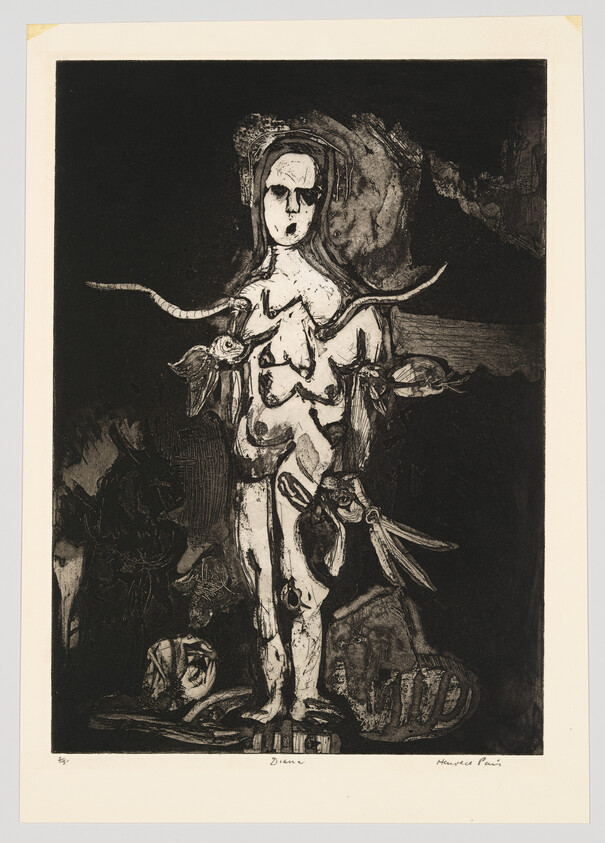 Nude, abstract figure stands with outstretched arms holding birds in a dark, textured scene.