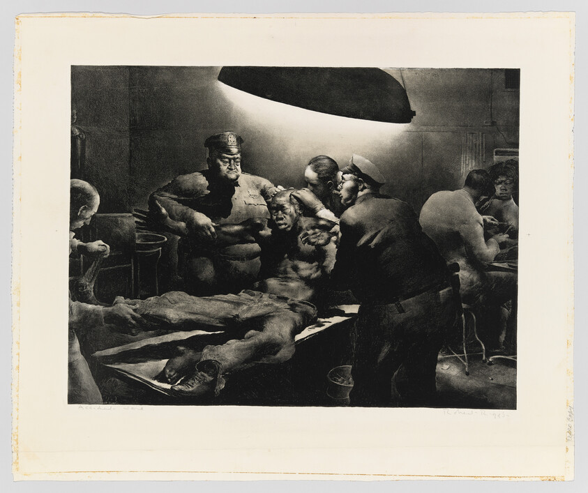 Several men surround an injured man lying on an examination table under a bright overhead light.