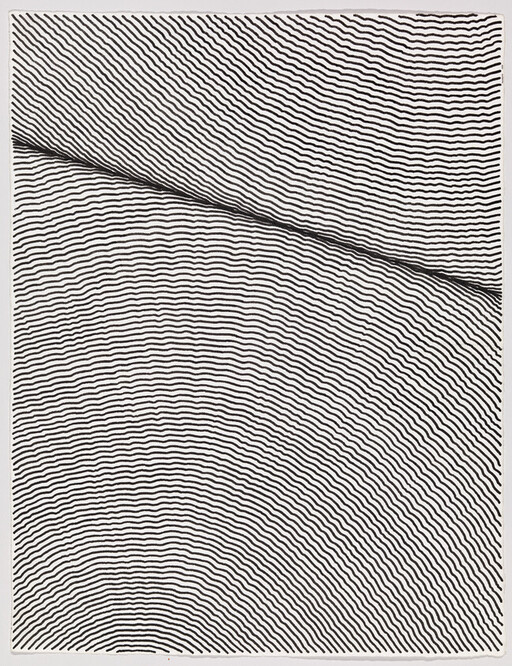 Black wavy lines form concentric curves divided by a diagonal seam across the page.