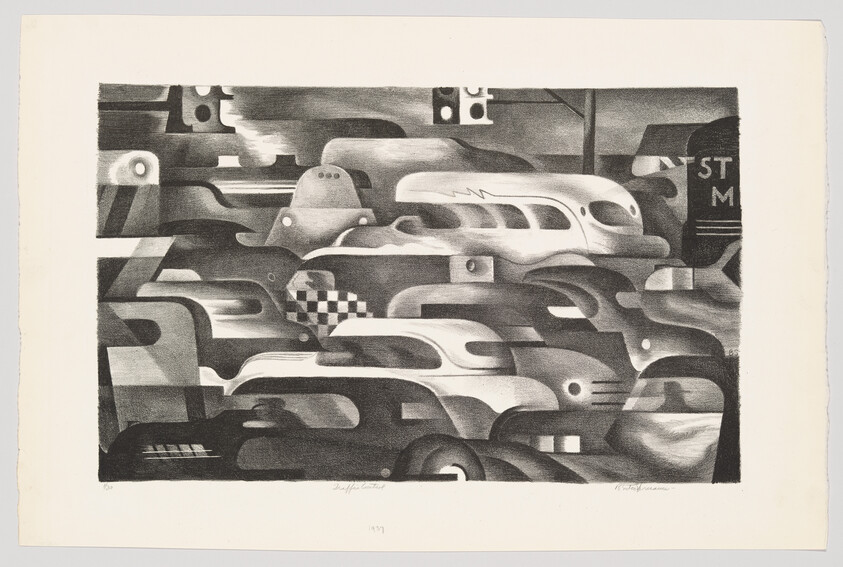 Abstract monochrome lithograph featuring stylized, interconnected forms resembling cars and urban elements.