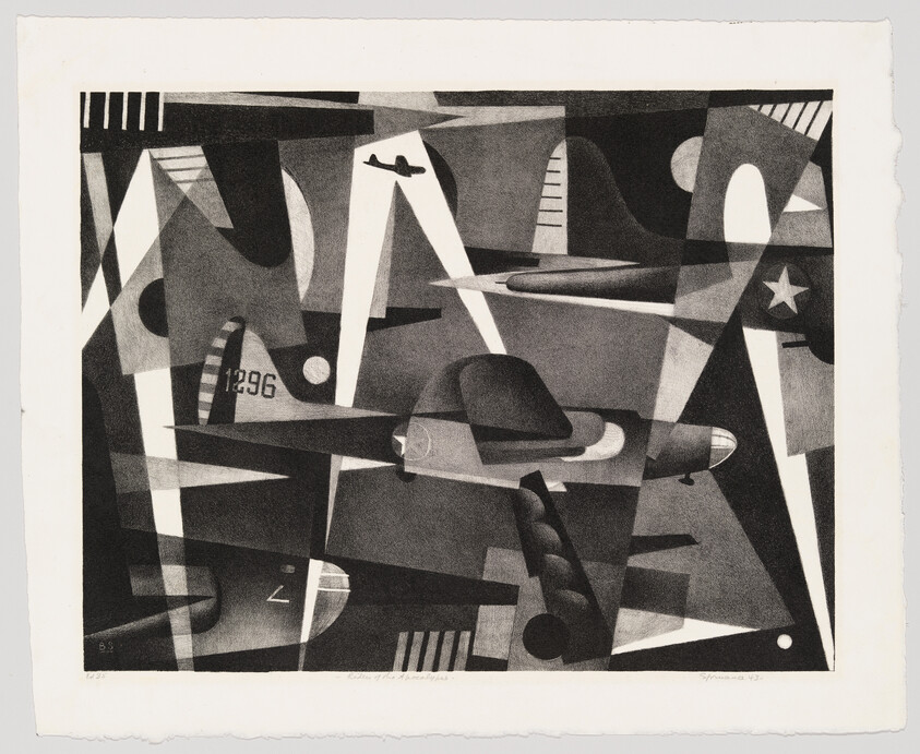Several stylized airplanes overlap in a cubist black-and-white scene with geometric shapes.
