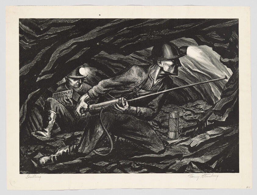 Two miners working with a drill in a dark underground tunnel, wearing helmets with lamps.