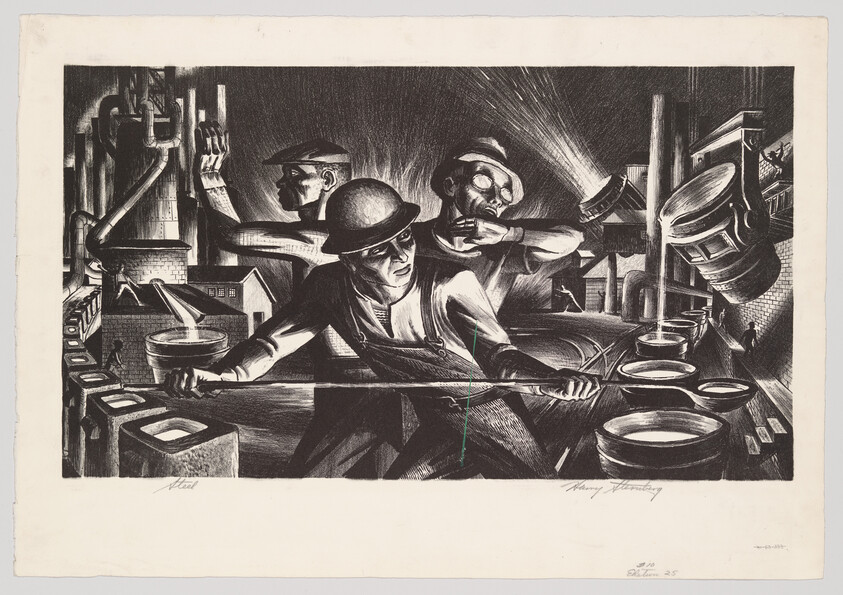 Three factory workers in helmets guide molten metal from ladles across a glowing industrial foundry.