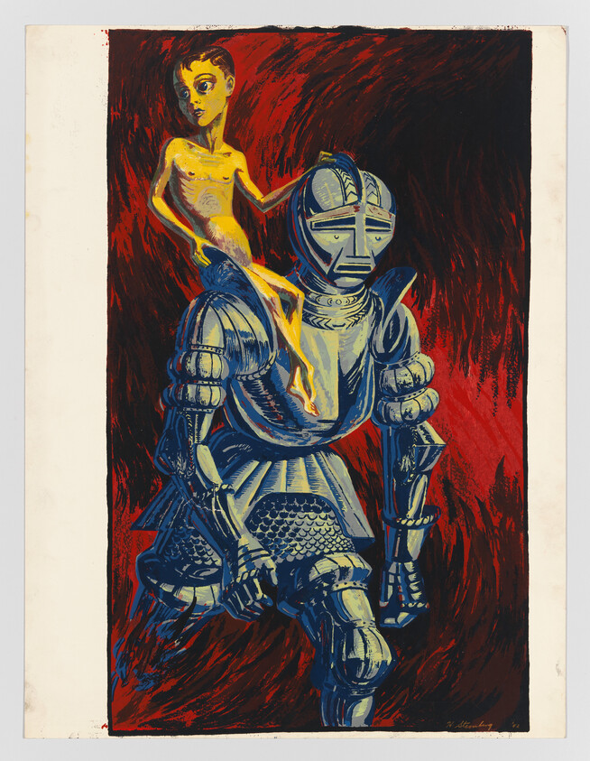 A blue armored knight carries a small naked child on its shoulder against a red background.