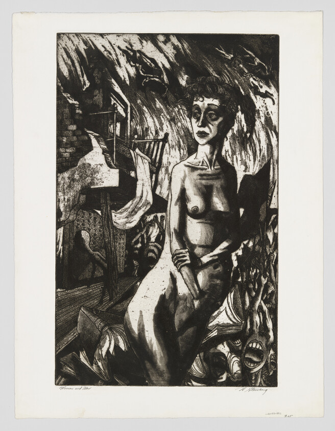 Nude woman stands with clasped hands in a cluttered, shadowy room with a piano.