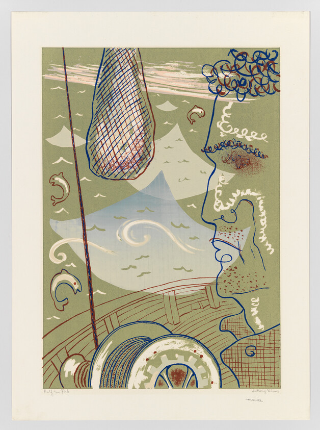 A stylized fisherman on a boat hoists a net over a swirling green sea with leaping fish.