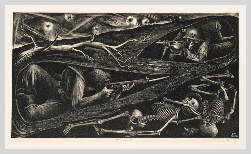 Two soldiers lie in a trench aiming rifles while skeletons lie nearby under exploding shells.