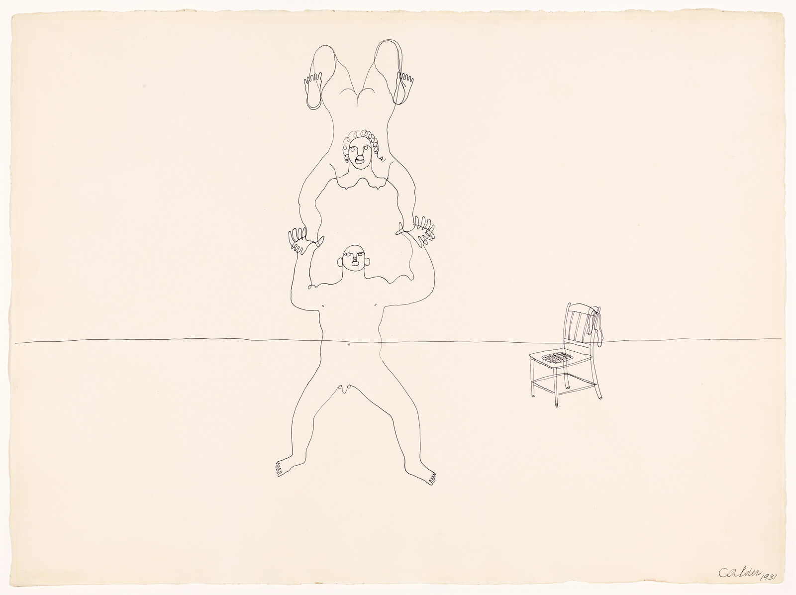 Two people perform an acrobatic balancing act, one standing and holding the other above their head. A chair sits nearby.