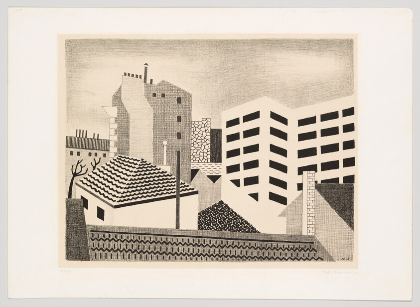 A geometric black-and-white cityscape showing blocky buildings, a tiled house roof, and a bare tree.