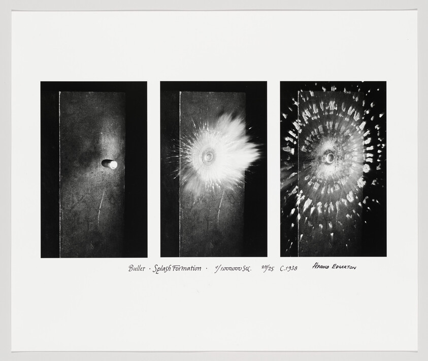 Three sequential high-speed photos showing a bullet striking and creating a radial splash formation on a surface.