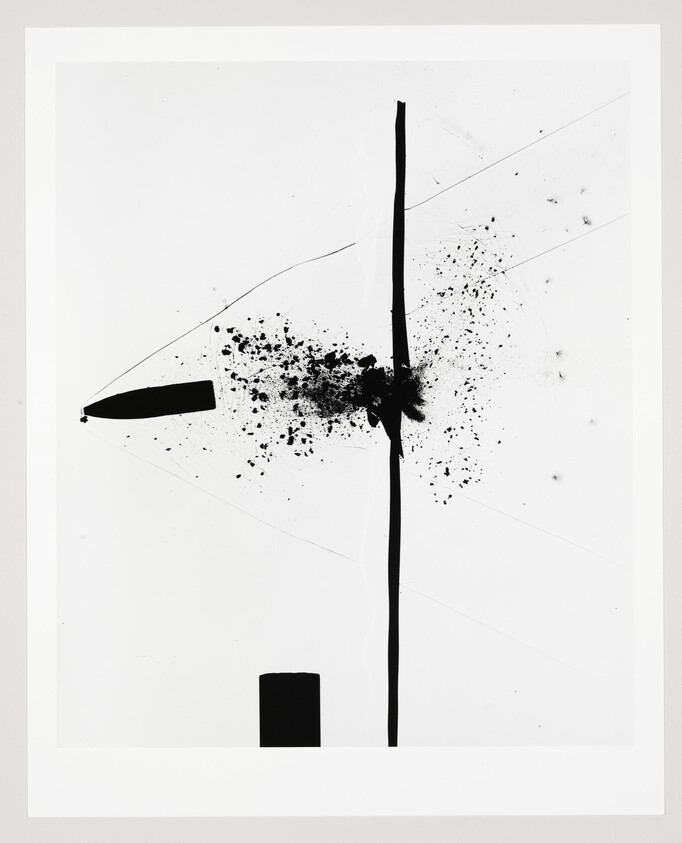 A monochrome abstract artwork featuring a bold vertical line intersected by a horizontal smear and splatter patterns on a white background, all contained within a white border.