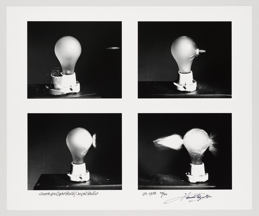 Four-panel sequence showing a light bulb being struck and shattering from a bullet impact.