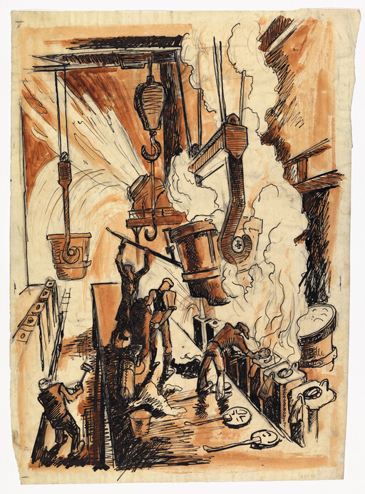 Workers pour molten metal into molds in a busy foundry with cranes and steam.