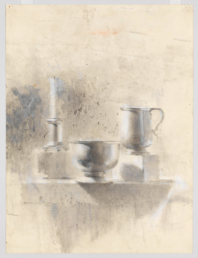 A charcoal still-life showing a candle, bowl, and pitcher arranged on a table.