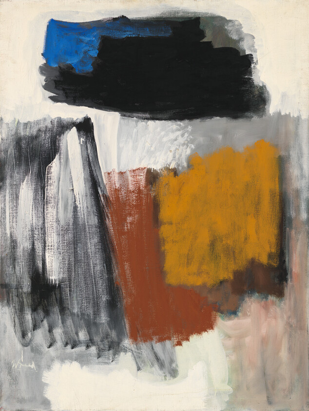 Abstract painting with bold black and blue band above rust and ochre color blocks.