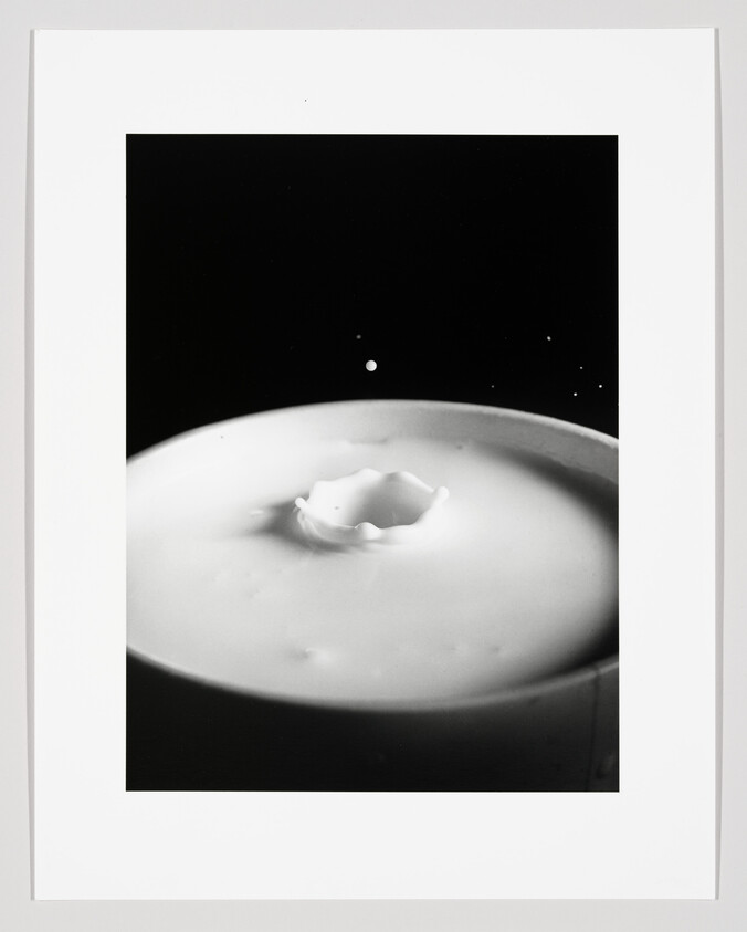 A milk droplet creates a crown-shaped splash in a shallow white bowl against a dark background.