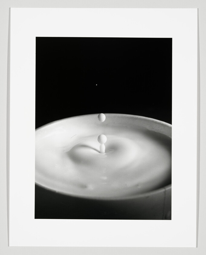 A milk droplet falls into a cup, creating a small splash and suspended droplets.