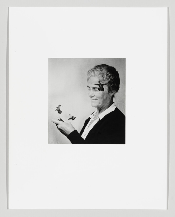 An older person gently holds two hummingbirds while another hovers near their hand.