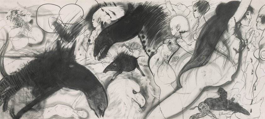 Multiple sketchy animals including horses, birds, and an eagle surround a reclining nude woman.