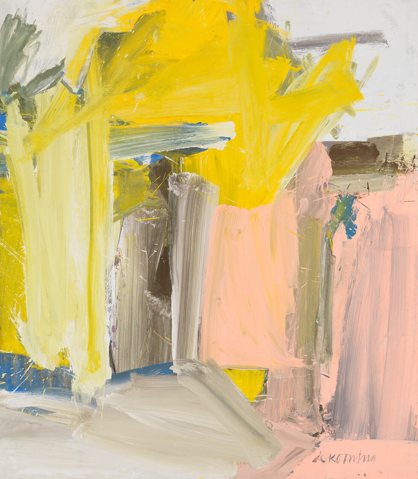 Bold yellow and soft pink brushstrokes overlapping across the canvas.