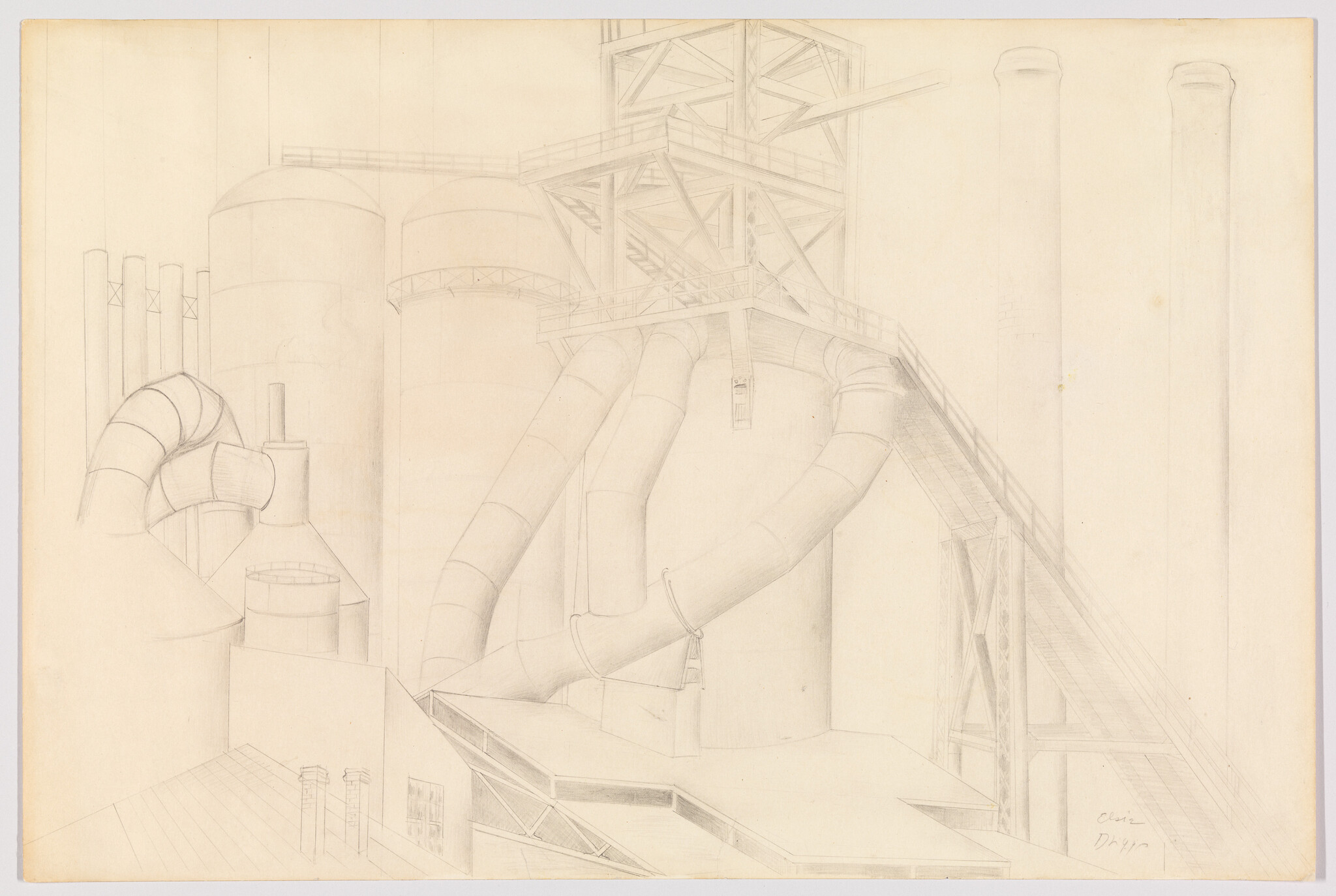 Large curved industrial pipes connect tall cylindrical silos beneath a metal platform and stairway.