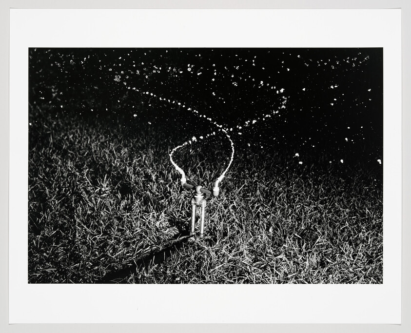 A lawn sprinkler sprays arcs of water droplets across a dark grassy yard at night.