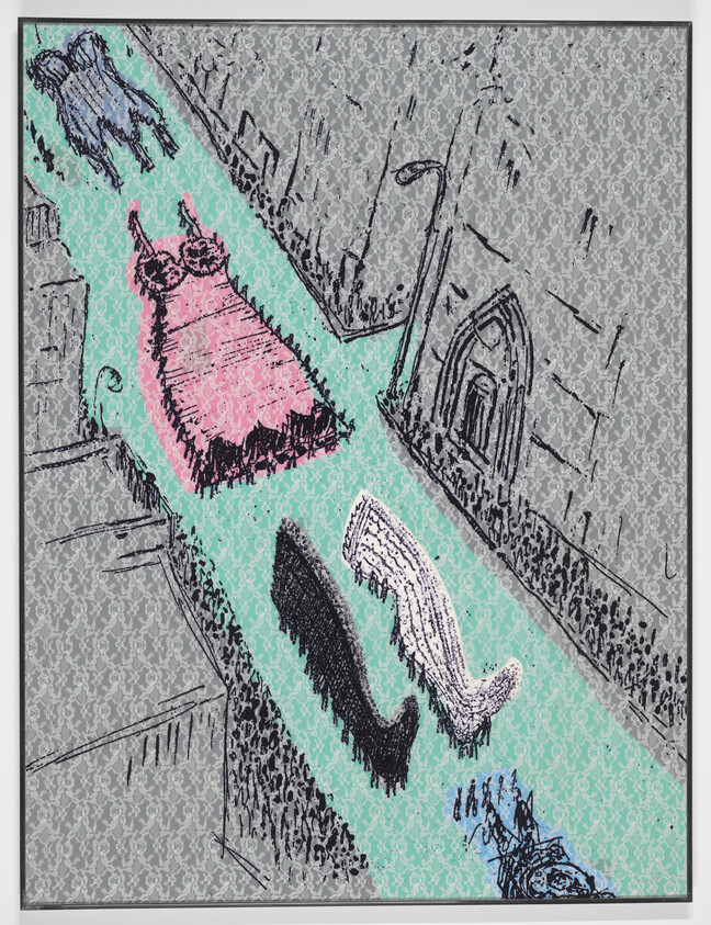 Stylized animal-shaped figures cast long shadows as they walk down a turquoise city street.