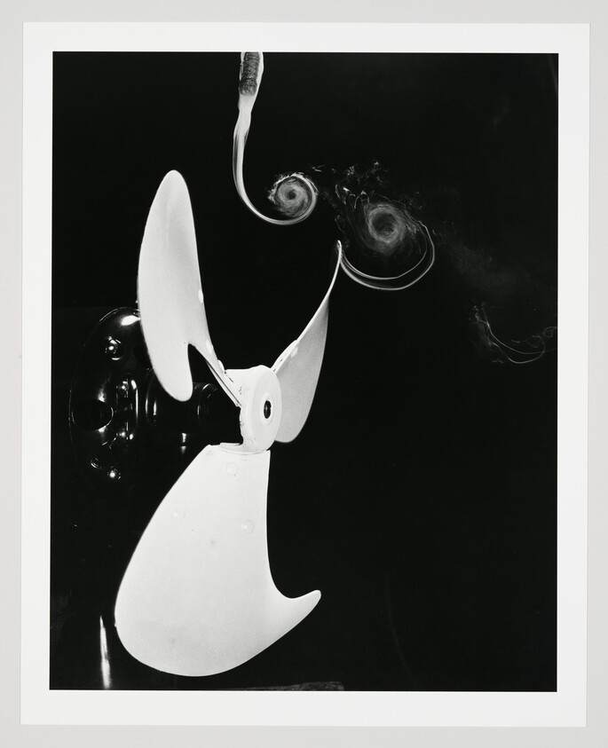 The white blades of an upright electric fan standout against a black background and emit whimsical white swirls.