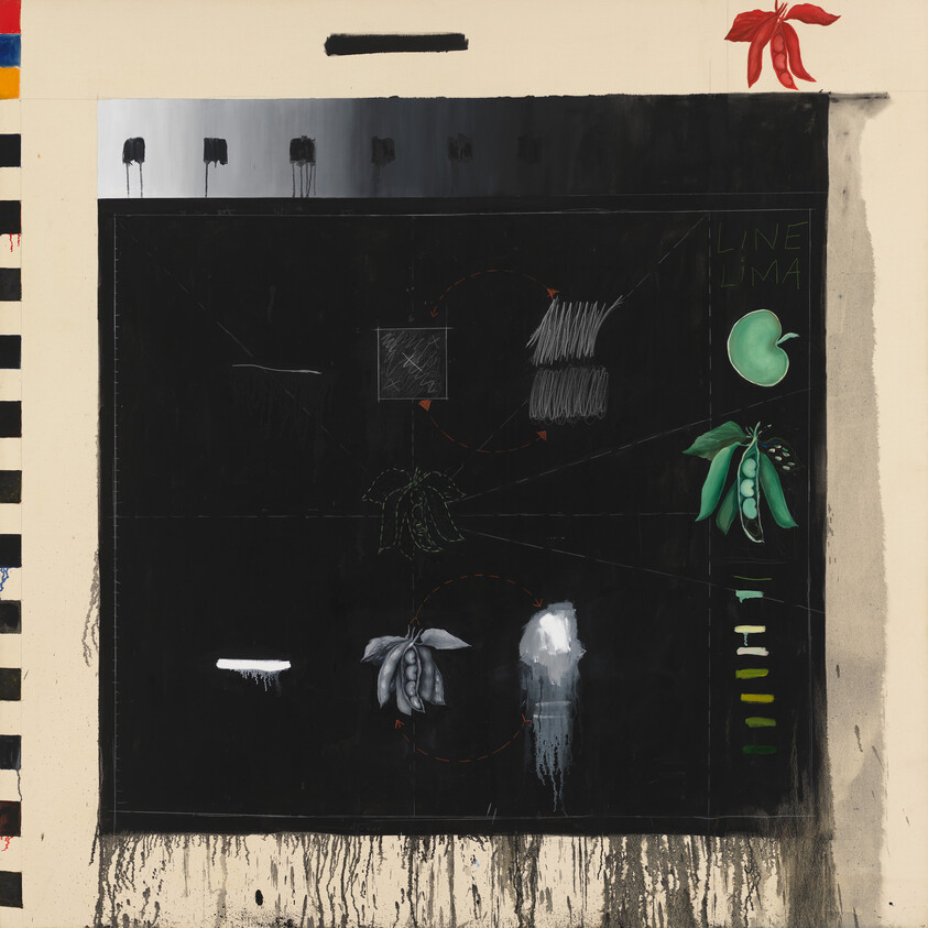 Large black square chalkboard with botanical sketches of pea pods and green peas on a beige background.