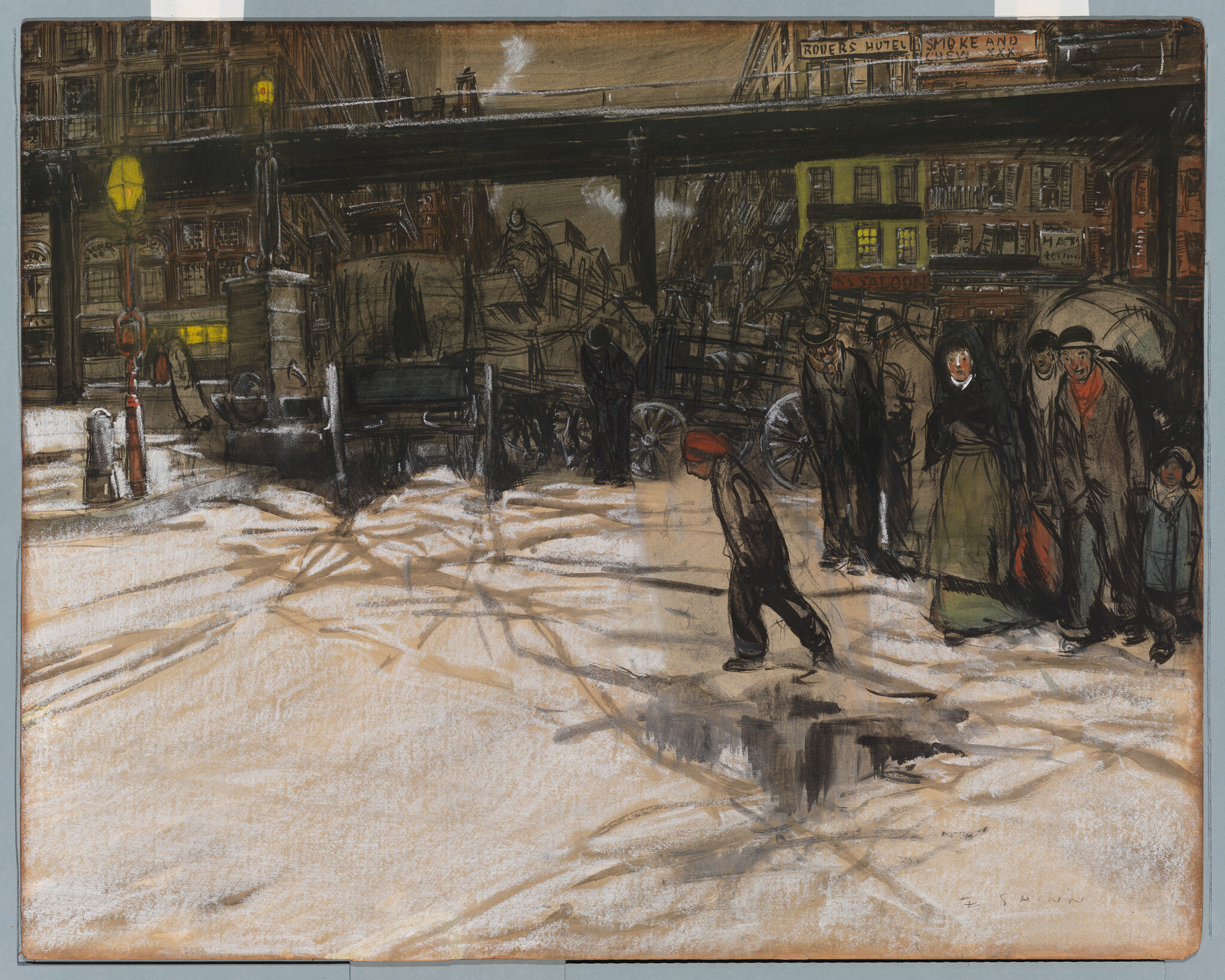 Illustration of a bustling street scene with people and horse-drawn carriages on a snowy day. Buildings with signage, including a hotel and saloon, line the background, while various figures navigate the snow-covered ground in the foreground. The artwork captures a moment of daily life from a bygone era, with attention to the play of light and shadow on the snow.