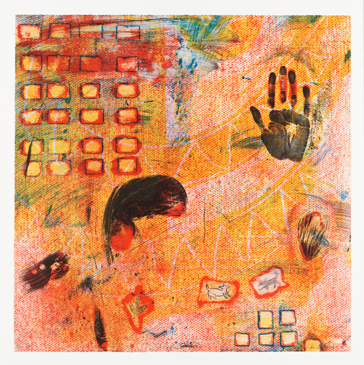 Abstract orange painting with a black handprint, grid of orange squares, and scattered brush marks.