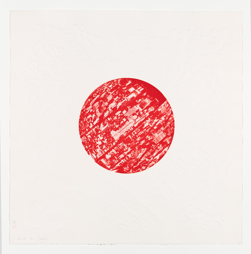 A textured red circle centered on a white square background, resembling an abstract sun.