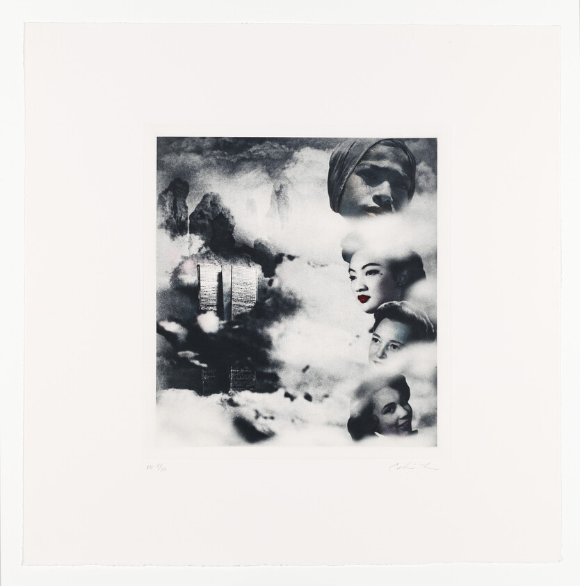 Several floating faces emerge from clouds beside a faint image of tall twin towers.