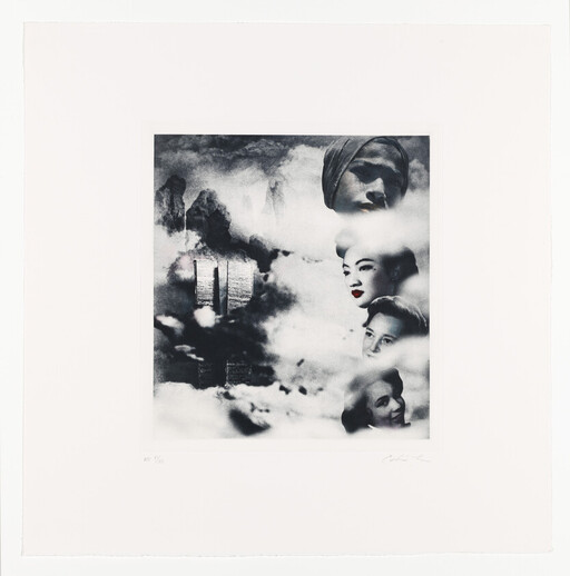 Several floating faces emerge from clouds beside a faint image of tall twin towers.