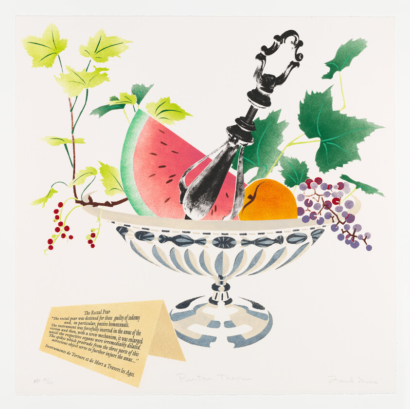 Silver tongs rest in a decorative footed bowl holding watermelon, orange, grapes, and leafy vines.