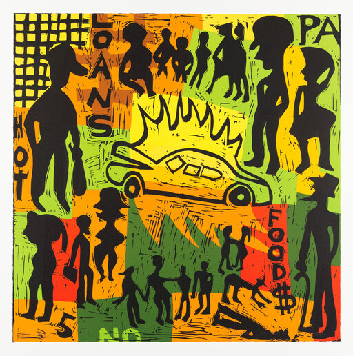Silhouetted people surround a flaming car with the words "FOOD $" visible on the right.