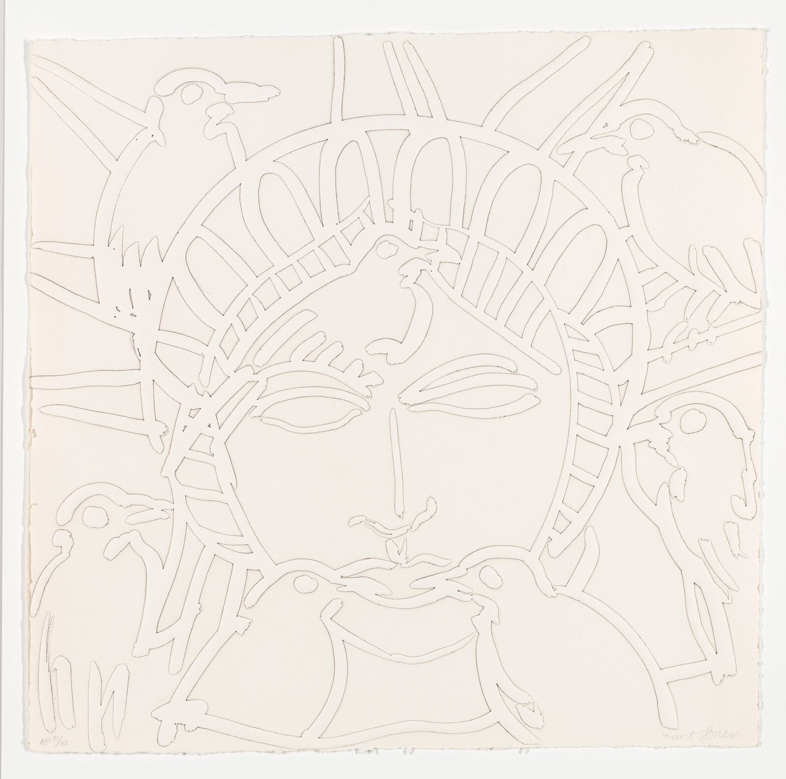 Line drawing of the Statue of Liberty's face surrounded by birds on a beige background.