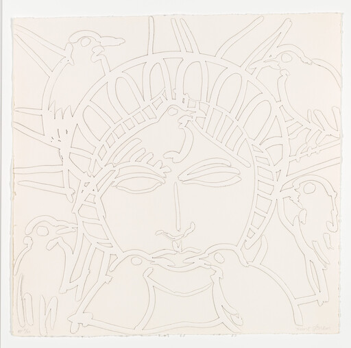 A simplified line drawing of a crowned female face with several birds perched on and around it.