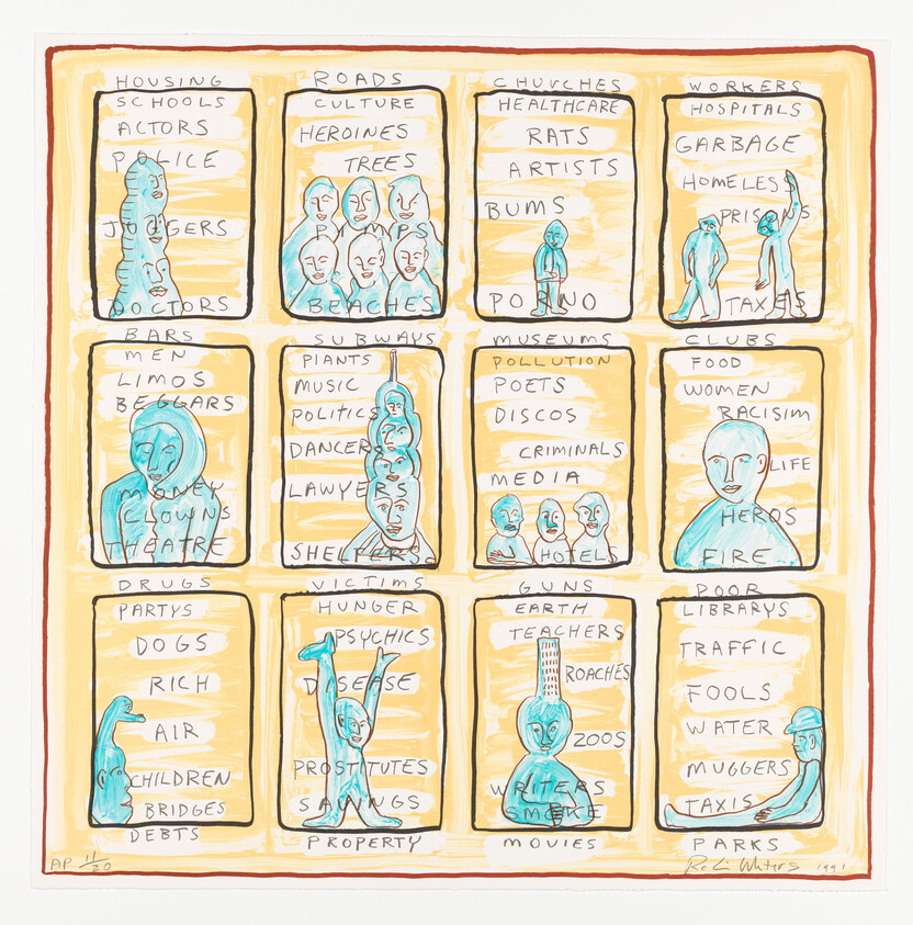 Grid of labeled panels showing blue figures and handwritten words categorizing city places and people.