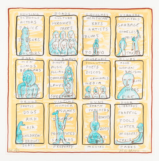 Grid of labeled panels showing blue figures and handwritten words categorizing city places and people.