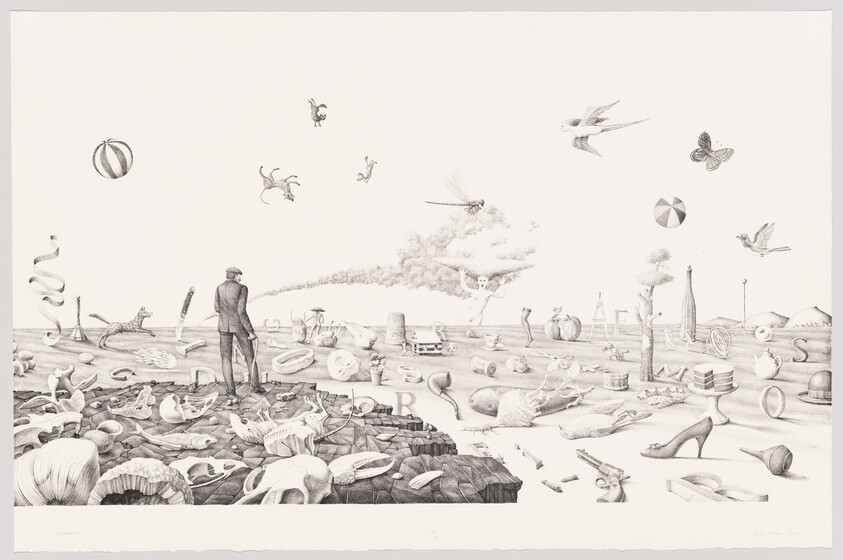 A lone man stands on a rocky shore surveying a surreal beach scattered with objects and creatures.