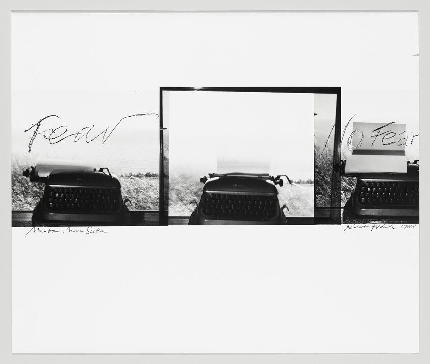 Three vintage typewriters in a row with the word "Fear" written across the top.