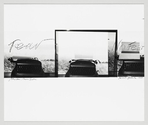 Three vintage typewriters in a row with the word "Fear" written across the top.